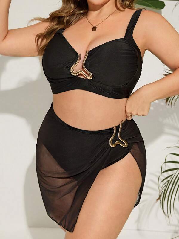 SHEIN Swim Curve Set de costum de baie pentru femei de mărime mare, cu decolteu în V, material mixt, pantaloni normali, cu top tankini și fustă înfășurată, pentru petrecere pe plajă