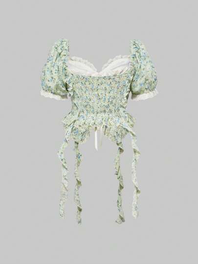 Fairycore Plus Size Women's Summer Ditsy Floral Textured Fabric Ruffled Lace Trim Blouse