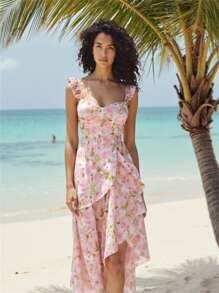 Glamine Abito floreale elegante e romantico da donna con scollo a V, rouches e orlo asimmetrico, adatto per le vacanze in rosa - Rosa - Visualizzare 6