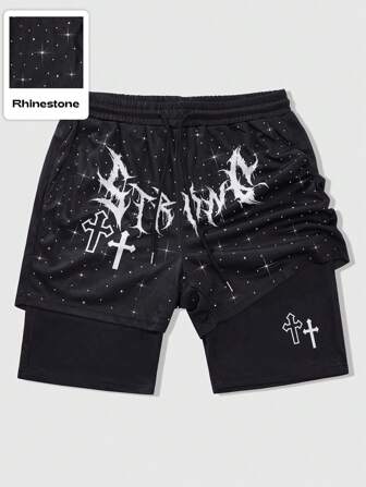 Goth Pantaloncini da uomo alla moda da strada, 2 in 1, con stampa grafica di lettere inglesi con strass e elementi gotici, adatti per Ognissanti