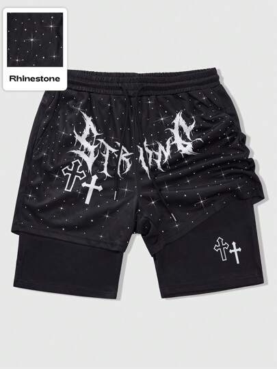 Street Life Men's Street Fashion 2 In 1 Shorts, Rhinestone English Letter Graphic Print Design With Gothic Elements, Halloween