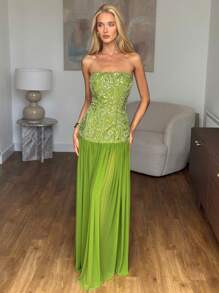 SHEIN BAE Spring/Summer Solid Green Embellished Jewel Floral Sequin Mesh Maxi Beach Holiday Dress, Summer Dress, Beach Dress, Elegant Dress Party Dresses For Women