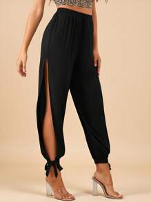SHEIN PETITE CURVE Pantalones sólidos con abertura lateral y nudo en el dobladillo, ropa de primavera y verano para tallas grandes - Negro - Ver 4