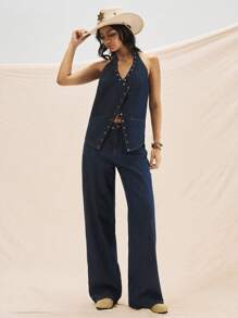 Easelle 海军蓝牛仔露背上衣，适合夏季西部牛仔女郎，适合夜间外出 - 藍色 - 查看 8