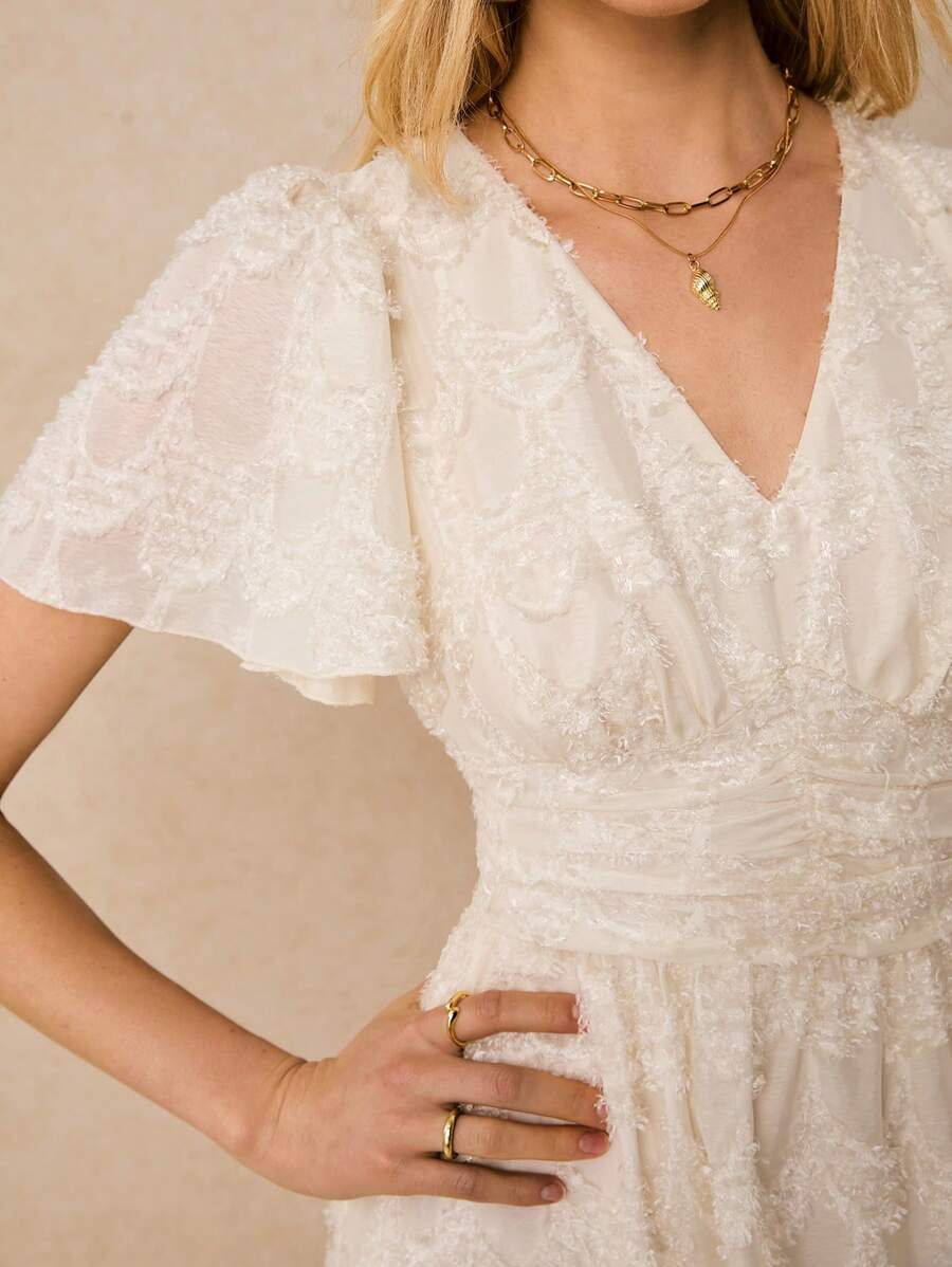 Poéselle 女士休闲荷叶边袖收腰 V 领中长连衣裙，日常穿着 - 白色 - 查看 1