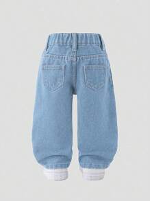 SHEIN Playful Pals 女婴新款休闲时尚牛仔短裤，直筒洗水牛仔裤 - 淺色水洗藍 - 查看 2