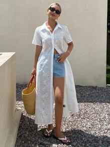 Livesso 女士蕾丝镂空立领褶皱喇叭下摆短袖衬衫裙，夏季度假 - 白色 - 查看 6