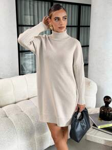 SHEIN Clasi Turtleneck Batwing Sleeve Jumper Dress - Apricot - View 6