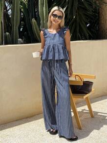 Livesso Women's Striped Square Neck Ruffle Hem Cinched Waist Short Sleeve Top And Loose Striped Casual Wide Leg Pants 2 Pieces Set, Vacation Style Young Girl Casual Denim Suit,Back To School Clothes - Blue and White - View 4