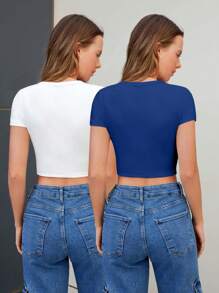 SHEIN Cottnline 97% Cotton 2pcs Black & White Basic Regular Fit Round Neck Short Sleeve Crop Top T-Shirt - Multicolor - View 2