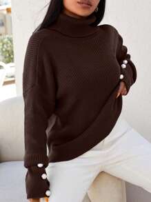 EURMUSE Plus Size Solid Color Minimalist Turtleneck Long Sleeve Pullover Sweater, Casual Everyday Wear - Brown - View 3