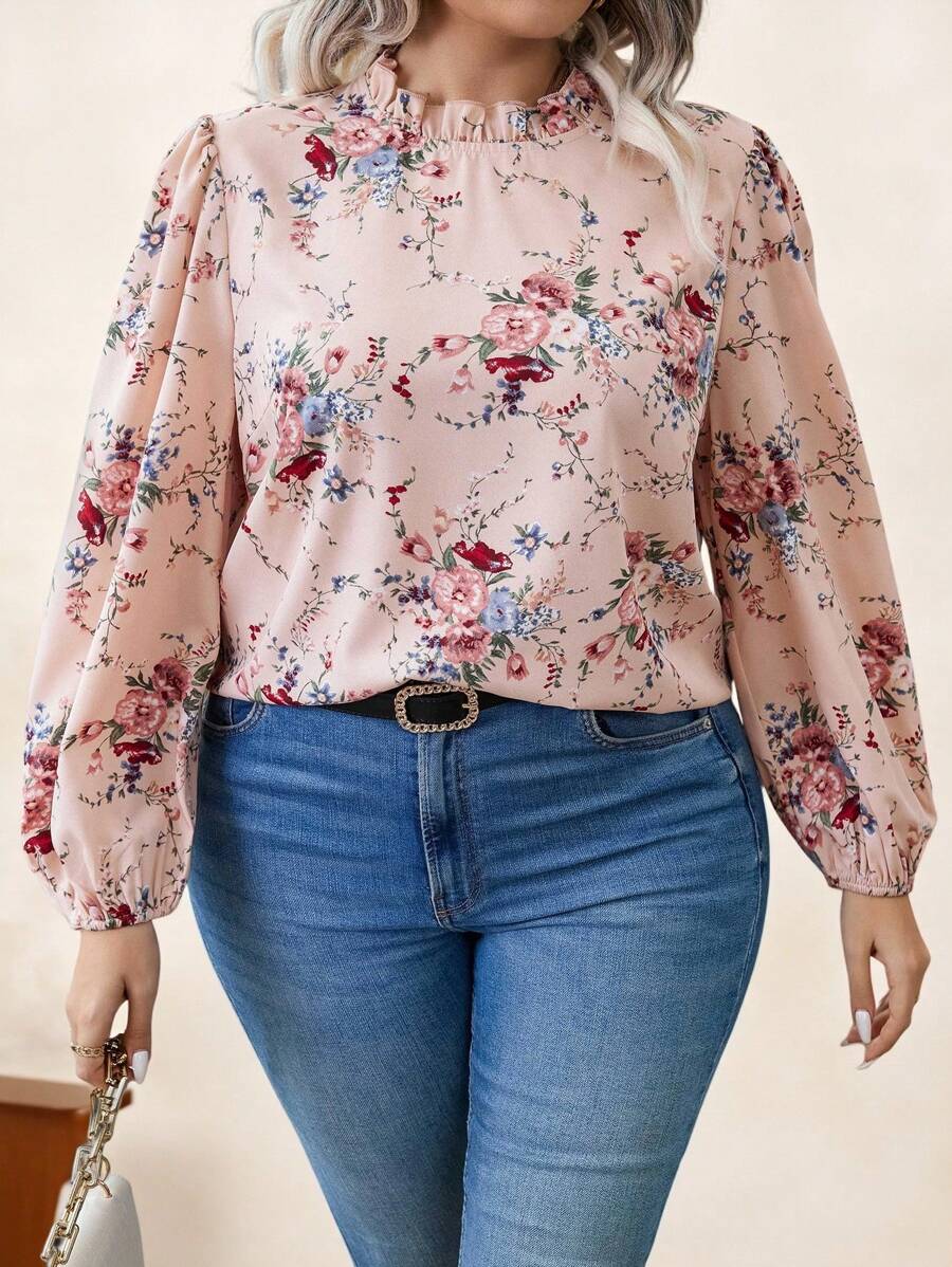 SHEIN Clasi 大碼印花褶邊燈籠袖襯衫