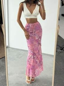 Aloruh 女士抽绳腰休闲鱼尾下摆中长裙，适合夏季 - 彩色 - 查看 3