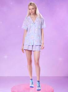 Pop Mart Azura X SHEIN 5 Pairs Cartoon Pattern Fashionable Cute Macaron Color Fantasy Soft And Breathable Moisture-Wicking Women Elastic Ankle Socks, Reinforced Toe And Heel, Suitable For Spring, Summer, Autumn, Winter, Pink & Purple
