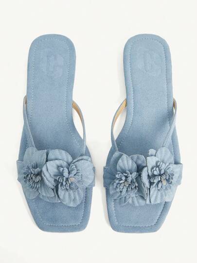CUCCOO CHICEST Women's Summer New 3D Iris Flower Square Toe Flat Elegant Casual Light Blue Faux Suede Flat Sandals, Comfortable Beach Shoes, Afternoon Tea Outfit, Holiday Hawaii Beach Style For Christmas Elegant Shoes Wedding Shoes Spring Shoes Bride Shoes