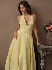 SHEIN Unity Spring, Summer Elegant Chic Backless Women V-Neck Pink Bow Decor A-Line Dress - Butter Yellow - View 6
