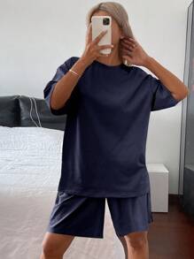 Livesso 2pcs/Set Women Summer Beach Vacation Style Loose Casual T-Shirt Set