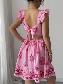 Elenzga 女式印花束腰设计后背系带盖袖休闲度假通勤中长连衣裙