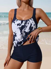 Swim Lushoire Spring/Summer Popular Black & White Ombre Printed Adjustable Spaghetti Strap Beach Vacation Bikini 2 Pieces Set