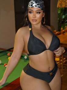 Swim SXY Ensemble de bikini grande taille avec boucle métallique décorative, couleur unie. À la mode pour l'été