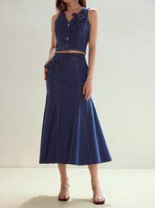 MOTF STUDIO STEREO FLORAL RHINESTONE DETAIL DENIM SKIRT