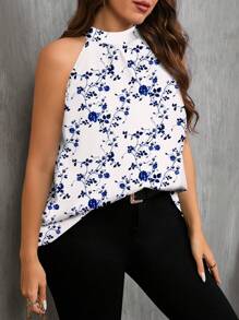 SHEIN Clasi 休闲简约蓝白玫瑰碎花宽松衬衫，适合通勤、教师、加大码、夏季 - 藍白色 - 查看 5