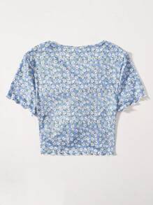 SHEIN 青少年女孩小碎花小褶邊抽褶T恤