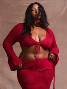 MUSERA Crochet Tie Front Long Flared Sleeve Crop Top Summer Vacation Holiday Swim Beach Sexy Romantic Elegant