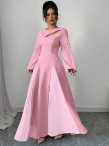 Modelyn 女士优雅双色拼接泡泡珠镂空腰部 A 字长裙女士长款晚礼服 - 藕粉色 - 查看 5