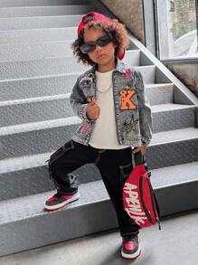 SHEIN Young Boy Letter Print Black Denim Lapel Long Sleeve Cardigan Jacket