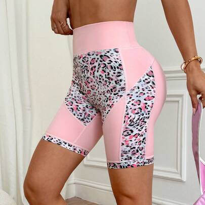 Women High Waist Leopard Print Patchwork Sport Shorts Leopard Biker Shorts High Waist Biker Shorts Pink Biker Shorts Women