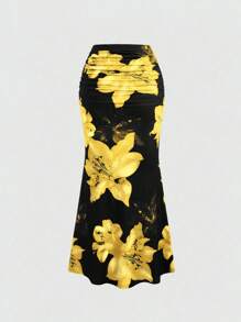 Sweetra 女式全花卉印花百褶A字裙，休闲度假长裙 - 黃色 - 查看 2