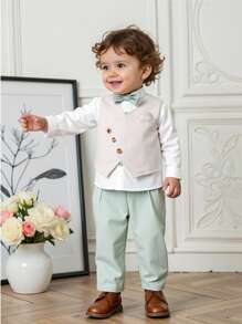 2 件套男婴正式绅士西装套装 - 纯色不对称翻领仿口袋背心和松紧腰休闲裤，（不含衬衫，不含蝴蝶结配饰），常规款式，适合所有季节，适用于生日派对、表演、婚礼、洗礼、生日庆祝和其他正式场合 - 彩色 - 查看 4