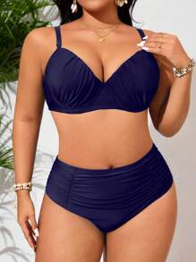 Swim Lushoire 大码女式新款纯色钢圈间隙三角形两件套泳衣，配有可调节肩带，高腰褶皱前开襟泳衣上衣和下装，修身、优雅、时尚、休闲、沙滩和游泳