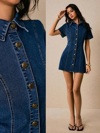 Poéselle Women's Denim Dress Metal Button Decoration Waist Dress Women's Dress Blue Dress Shirt Dress Women's Solid Color Front Button Casual Short Sleeve Denim Dress Summer Women Dresses Summer Dress Boho Summer Clothes Summer Women Clothes Denim Dress Y2k Country Concert Outfit Festival Clothes, Old Money, Business Casual Woman