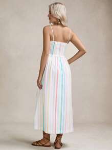 SHEIN LUNE Vestido de mujer con estilo de vacaciones de verano, de Body fruncido con estampado de rayas de colores y volantes - Rosa - Ver 2