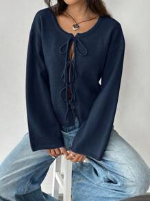 SHEIN EZwear Camicetta casual da donna a maniche lunghe con allacciatura frontida, di colore unito
