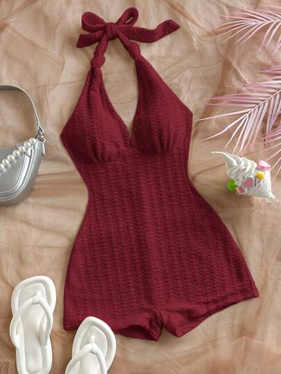 Dreamara 加大码女式度假白色针织褶皱纹理深 V 吊带束腰修身连体裤，适合派对、情人节、约会、分层穿着