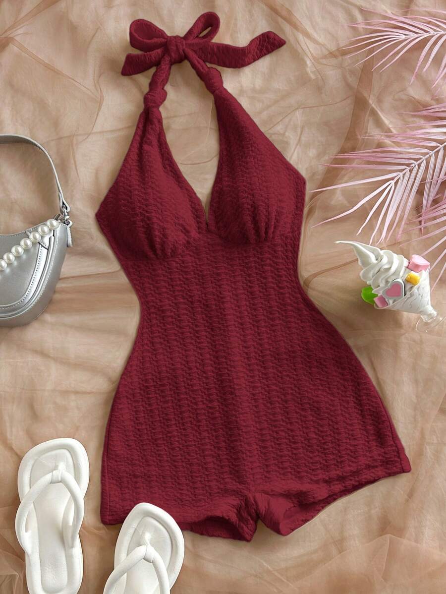 Dreamara Plus Size Women Vacation White Knitted Crinkle Texture Deep V Halter Tied Waist Fitted Jumpsuit, Suitable For Party, Valentine's Day, Date, Layering - Burgundy - View 1