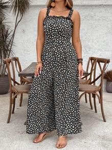 SHEIN VCAY 加大码女式碎花荷叶边阔腿连体裤，适合度假 - 彩色 - 查看 3