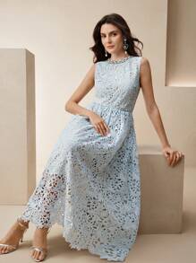 Anewsta 无袖镂空碎花蕾丝收腰水钻连衣裙，夏季 - 藍色 - 查看 3