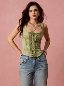 Enchnt 女式方领无袖系带花卉印花背心，夏季时尚