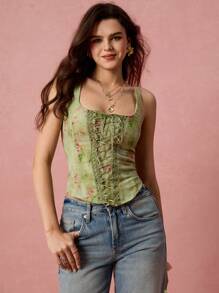 Enchnt 女式方领无袖系带花卉印花背心，夏季时尚