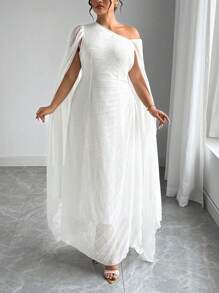 Elenzga 大码女式简约优雅白色不对称领口修身连衣裙 - 白色 - 查看 6