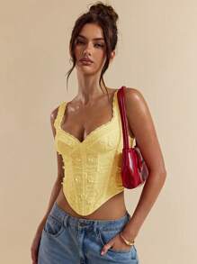SHEIN BAE White Eyelet Embroidery Bodysuit Cami Top, Summer Ladies Camisole Bra - Yellow - View 3