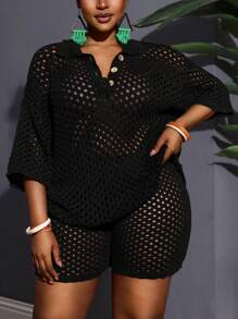 2025新款节日度假春夏休闲极简镂空领短袖POLO领宽松上衣+短裤绿色针织两件套-A - 黑色 - 查看 3