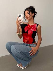 Siren Gaze Casual Floral Printed Short Sleeve Blouse For Women, Elegant Design Suitable For Summer,Vintage Style, Casual Vacation Style, Sexy Style, Cute, Y2K Coconut Girl Boho, Spring Break, Brunch-Ready Girls Trip, Neon Beach Vibes, Bohemian Hippie Style, Music Festival, Perfect For Summer - Multicolor - View 4