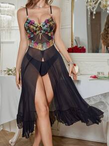 SHEIN Mehrfarbiges Ketten-Dekor Stickerei Patchwork sexy Mesh Slip Kleid für Damen Nachthemd - Verschiedenfarbig - Übersicht 7