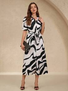 EMERY ROSE Gaun Kemeja Model Wrap Kasual dengan Motif Abstrak dan Pita, Lengan Pendek, Maxi untuk Wanita - MultiWarna - View 1