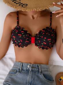 Swim Mod Women's Sweet Cherry Print Ruffled Trim Beach Halter Swimwear Top, Summer - Multicolor - View 3